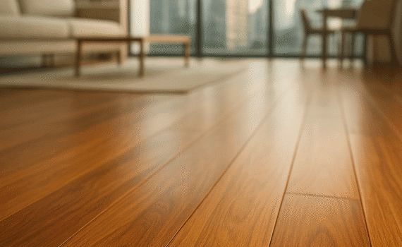 Uma foto de ângulo baixo (low-angle shot) de um piso de madeira impecável em tom de cumaru (castanho-dourado), com acabamento acetinado. O piso ocupa o terço inferior da imagem, mostrando em detalhe a textura e os veios da madeira. Ao fundo, desfocado (bokeh), está um apartamento de luxo, moderno e minimalista, em São Paulo. Uma janela ampla do chão ao teto revela sutilmente a silhueta urbana de prédios modernos, sugerindo a vista de um bairro nobre como Pinheiros ou Itaim. A iluminação é natural e quente, vinda da janela, criando um brilho suave no piso. Estilo: fotografia de arquitetura, revista 'Architectural Digest', limpo, sofisticado, aconchegante