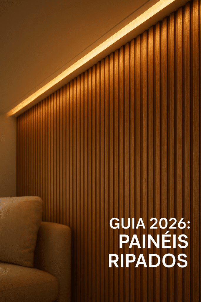 "Um close-up em ângulo de perspectiva (perspective shot) de um luxuoso painel ripado de madeira Freijó. A iluminação é o ponto central: uma fita de LED embutida no teto (sanca) projeta uma luz quente (warm grazing light) que desce pelas ripas verticais, criando um forte jogo de luz e sombra que realça a textura tridimensional e os veios dourados da madeira. O ambiente é minimalista e sofisticado. Em primeiro plano, desfocada, a lateral de um sofá de linho cru. No canto inferior direito, um texto limpo e moderno em duas linhas: 'GUIA 2026: PAINÉIS RIPADOS'. Estilo: fotografia de arquitetura, revista 'Casa Vogue', cinematográfico, elegante, focado na textura."