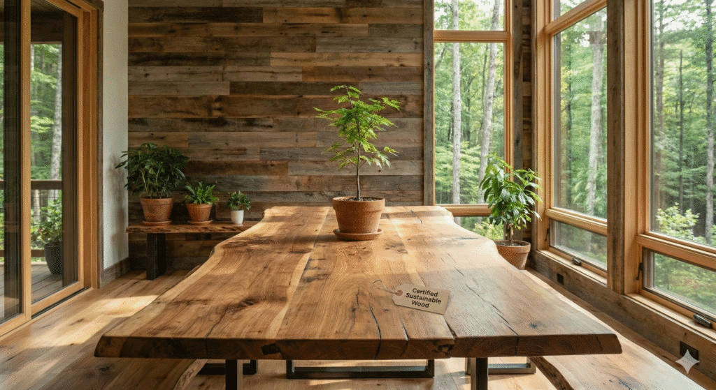 "Sala de jantar decorada com foco em sustentabilidade, apresentando uma ampla mesa de madeira maciça com borda natural e uma parede revestida com painéis de madeira de demolição. Uma etiqueta sobre a mesa destaca 'Madeira Sustentável Certificada'. Grandes janelas com vista para uma floresta e várias plantas internas reforçam a conexão com a natureza e o consumo consciente defendido pela Monet Decor."