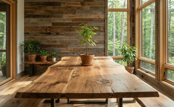 "Sala de jantar decorada com foco em sustentabilidade, apresentando uma ampla mesa de madeira maciça com borda natural e uma parede revestida com painéis de madeira de demolição. Uma etiqueta sobre a mesa destaca 'Madeira Sustentável Certificada'. Grandes janelas com vista para uma floresta e várias plantas internas reforçam a conexão com a natureza e o consumo consciente defendido pela Monet Decor."