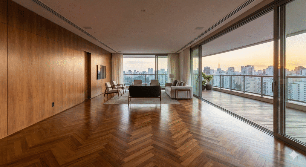 "Ampla sala de estar em apartamento de luxo em São Paulo durante o pôr do sol, exibindo os produtos premium da Monet Decor: piso de taco de madeira maciça com paginação espinha de peixe, uma grande parede revestida com painel de madeira e um deck de madeira na varanda. O ambiente sofisticado reflete os 22 anos de tradição e excelência da empresa."
