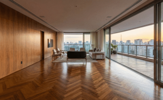 "Ampla sala de estar em apartamento de luxo em São Paulo durante o pôr do sol, exibindo os produtos premium da Monet Decor: piso de taco de madeira maciça com paginação espinha de peixe, uma grande parede revestida com painel de madeira e um deck de madeira na varanda. O ambiente sofisticado reflete os 22 anos de tradição e excelência da empresa."
