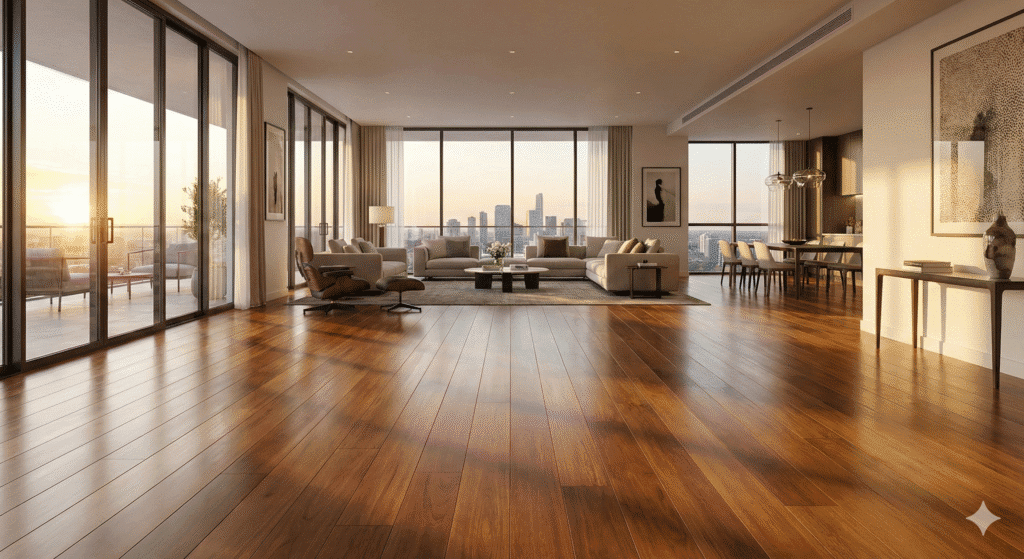 "Vista ampla de uma sala de estar em um penthouse de luxo durante o pôr do sol. O destaque é o piso de madeira nobre polido, que se estende por todo o ambiente e reflete a luz dourada, ilustrando como um revestimento de alto padrão valoriza e traz sofisticação a imóveis premium, conforme os padrões da Monet Decor."