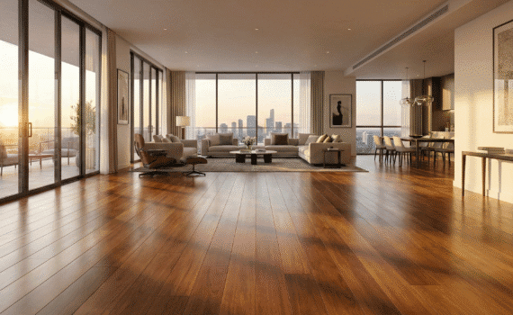 "Vista ampla de uma sala de estar em um penthouse de luxo durante o pôr do sol. O destaque é o piso de madeira nobre polido, que se estende por todo o ambiente e reflete a luz dourada, ilustrando como um revestimento de alto padrão valoriza e traz sofisticação a imóveis premium, conforme os padrões da Monet Decor."