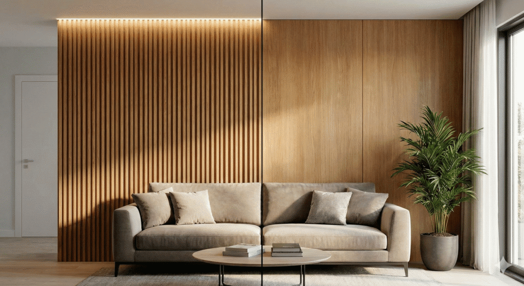 "Fotografia comparativa em uma sala de estar moderna com a parede atrás do sofá dividida verticalmente. O lado esquerdo apresenta um painel ripado de madeira com iluminação LED superior, destacando a textura e profundidade. O lado direito mostra um painel de madeira liso e contínuo, transmitindo uniformidade e amplitude. A imagem ilustra as diferenças estéticas entre os dois tipos de revestimento da Monet Decor."
