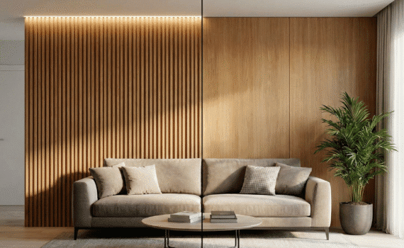 "Fotografia comparativa em uma sala de estar moderna com a parede atrás do sofá dividida verticalmente. O lado esquerdo apresenta um painel ripado de madeira com iluminação LED superior, destacando a textura e profundidade. O lado direito mostra um painel de madeira liso e contínuo, transmitindo uniformidade e amplitude. A imagem ilustra as diferenças estéticas entre os dois tipos de revestimento da Monet Decor."