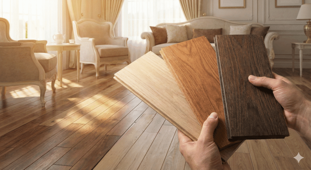 "Mãos segurando três amostras de piso de madeira em tonalidades diferentes (clara, média e escura) para comparação, em uma sala de estar luxuosa e iluminada pelo sol, com um piso de madeira já instalado ao fundo. A imagem ilustra o processo de escolha da madeira ideal da Monet Decor."