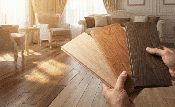 "Mãos segurando três amostras de piso de madeira em tonalidades diferentes (clara, média e escura) para comparação, em uma sala de estar luxuosa e iluminada pelo sol, com um piso de madeira já instalado ao fundo. A imagem ilustra o processo de escolha da madeira ideal da Monet Decor."