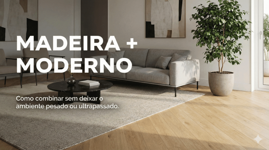 Sala de estar minimalista com sofá cinza, mesa de centro preta e piso de madeira clara. Texto: "MADEIRA + MODERNO - Como combinar sem deixar o ambiente pesado ou ultrapassado".