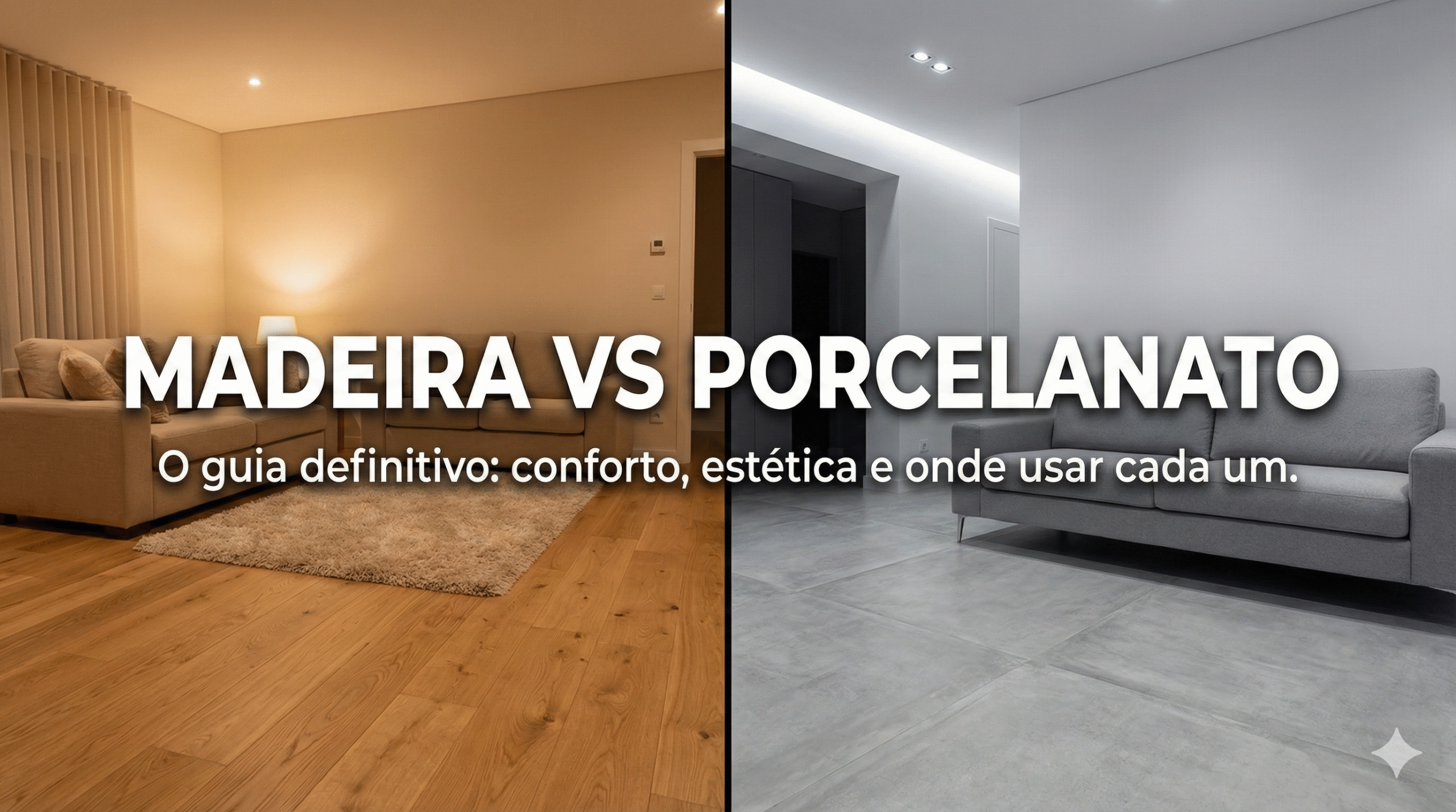 Comparativo visual: à esquerda sala quente com piso de madeira; à direita sala fria com porcelanato cinza. Texto: "MADEIRA VS PORCELANATO - O guia definitivo: conforto, estética e onde usar cada um."