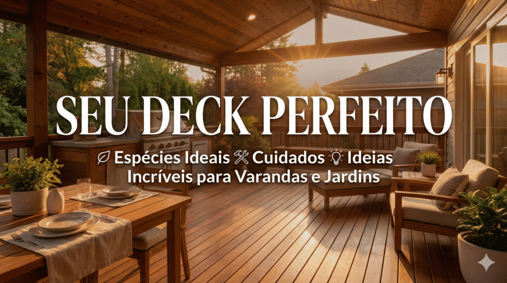 Varanda gourmet externa com deck de madeira ao pôr do sol, contendo mesa de jantar, poltronas e churrasqueira. Texto central: "SEU DECK PERFEITO - Espécies Ideais, Cuidados, Ideias Incríveis para Varandas e Jardins".