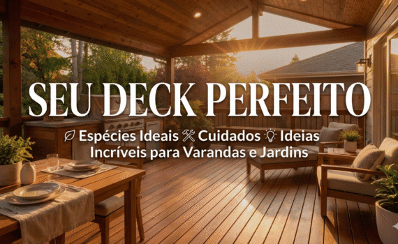 Varanda gourmet externa com deck de madeira ao pôr do sol, contendo mesa de jantar, poltronas e churrasqueira. Texto central: "SEU DECK PERFEITO - Espécies Ideais, Cuidados, Ideias Incríveis para Varandas e Jardins".