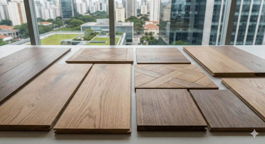 Variedade de amostras de piso de madeira nobre, incluindo tábuas e padrões geométricos de diferentes tonalidades, dispostas sobre uma superfície branca próximas a uma grande janela com vista para o skyline de prédios da cidade de São Paulo ao fundo.