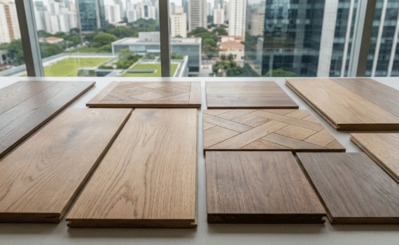 Variedade de amostras de piso de madeira nobre, incluindo tábuas e padrões geométricos de diferentes tonalidades, dispostas sobre uma superfície branca próximas a uma grande janela com vista para o skyline de prédios da cidade de São Paulo ao fundo.