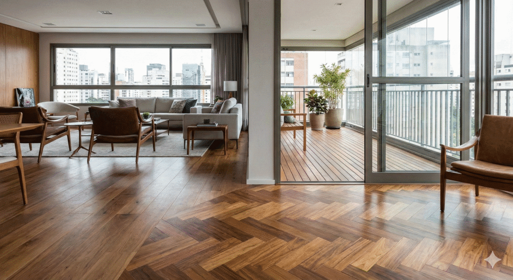 Interior de apartamento moderno em São Paulo mostrando a integração de três tipos de piso de madeira: tacos em padrão espinha de peixe no primeiro plano, piso pronto de tábuas largas na sala de estar e um deck de madeira na varanda ao fundo.