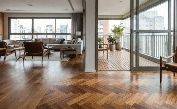 Interior de apartamento moderno em São Paulo mostrando a integração de três tipos de piso de madeira: tacos em padrão espinha de peixe no primeiro plano, piso pronto de tábuas largas na sala de estar e um deck de madeira na varanda ao fundo.