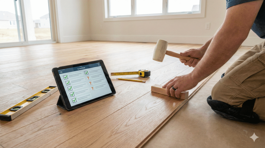 Close-up de instalador ajoelhado encaixando réguas de piso de madeira clara. No chão, um tablet exibe um checklist de instalação ao lado de ferramentas como nível bolha, trena e martelo de borracha.