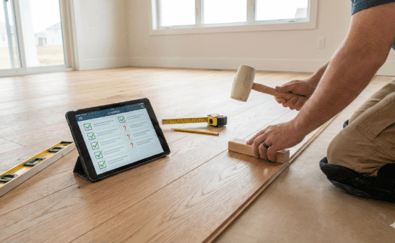 Close-up de instalador ajoelhado encaixando réguas de piso de madeira clara. No chão, um tablet exibe um checklist de instalação ao lado de ferramentas como nível bolha, trena e martelo de borracha.
