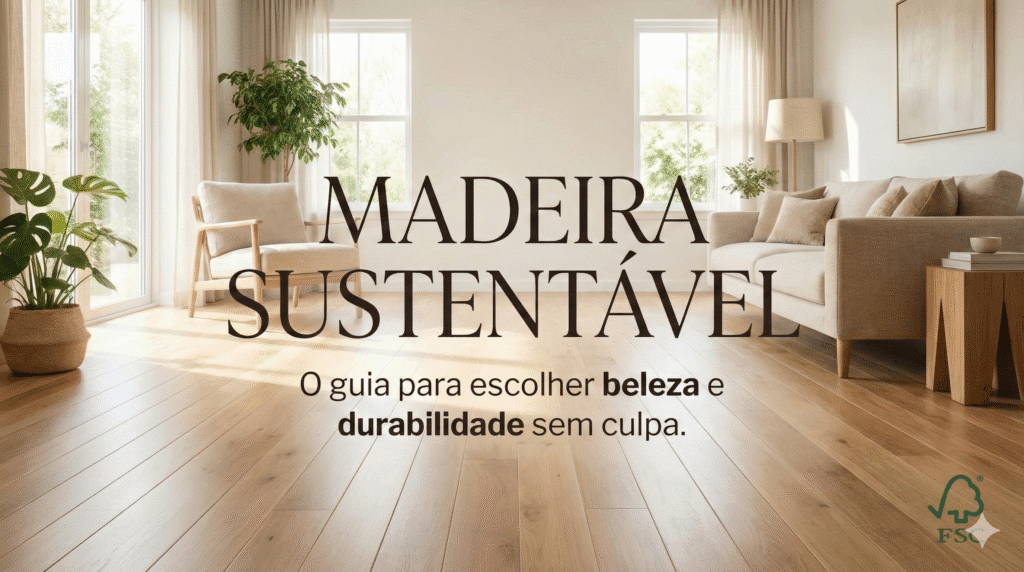 Sala de estar iluminada com piso de madeira clara, poltronas e plantas. No centro, o texto: "MADEIRA SUSTENTÁVEL: O guia para escolher beleza e durabilidade sem culpa". No canto inferior direito, o selo de certificação FSC.