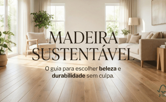 Sala de estar iluminada com piso de madeira clara, poltronas e plantas. No centro, o texto: "MADEIRA SUSTENTÁVEL: O guia para escolher beleza e durabilidade sem culpa". No canto inferior direito, o selo de certificação FSC.
