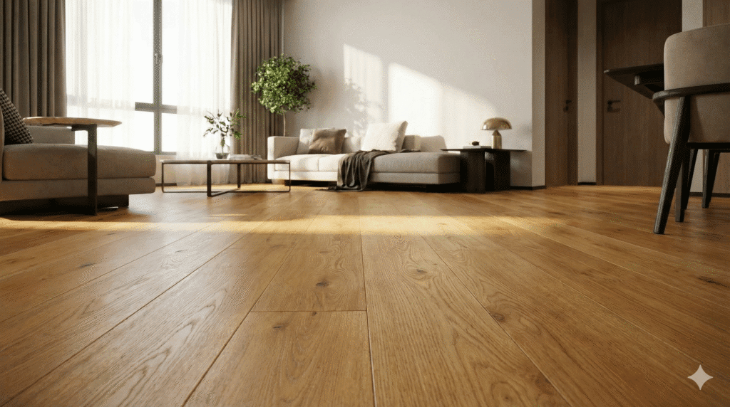 Fotografia de sala de estar moderna com piso de madeira de lei em tons quentes, destacando os veios naturais da madeira e acabamento acetinado sob iluminação natural.