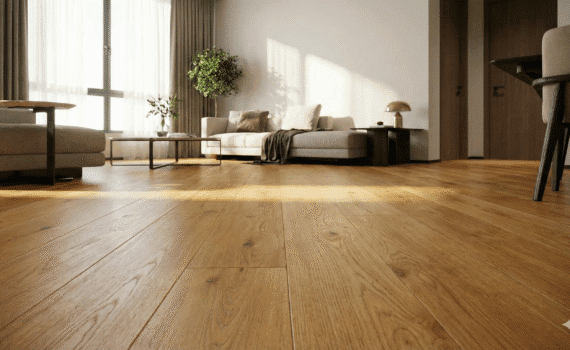 Fotografia de sala de estar moderna com piso de madeira de lei em tons quentes, destacando os veios naturais da madeira e acabamento acetinado sob iluminação natural.