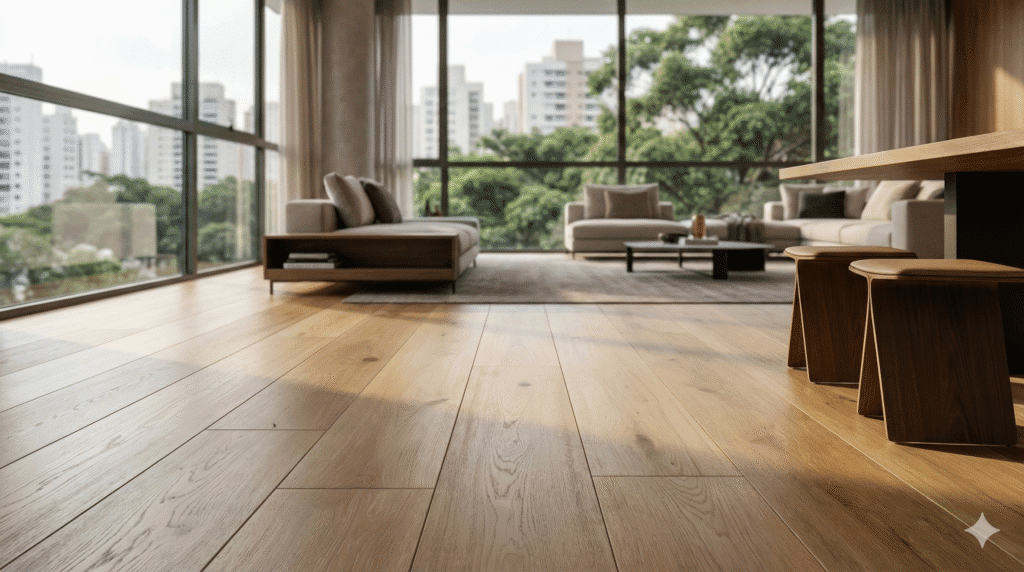 Interior de apartamento de alto padrão com piso de madeira nobre de tábuas largas, iluminado por luz natural de uma grande janela que revela a vista arborizada e urbana do bairro de Pinheiros, em São Paulo.