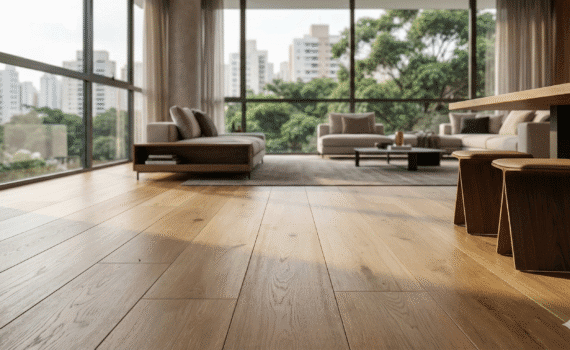 Interior de apartamento de alto padrão com piso de madeira nobre de tábuas largas, iluminado por luz natural de uma grande janela que revela a vista arborizada e urbana do bairro de Pinheiros, em São Paulo.